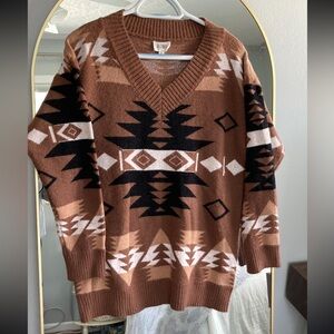 BiBi V-Neck Brown and Black Geometric Sweater